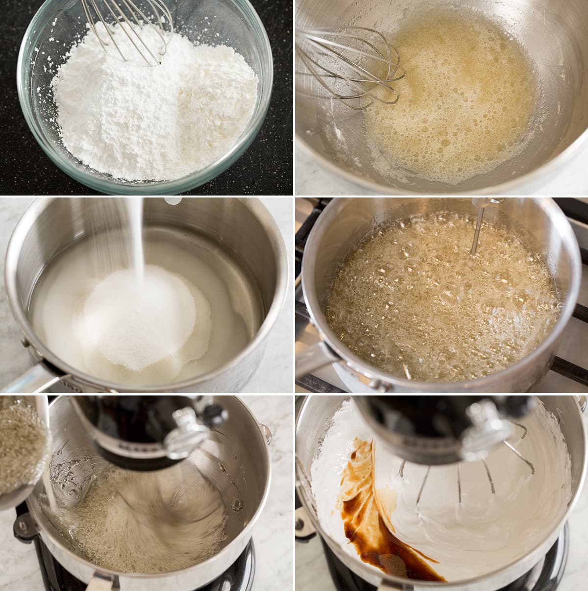 Collage of 6 photos showing how to make marshmallow mixture in pan and stand mixer.