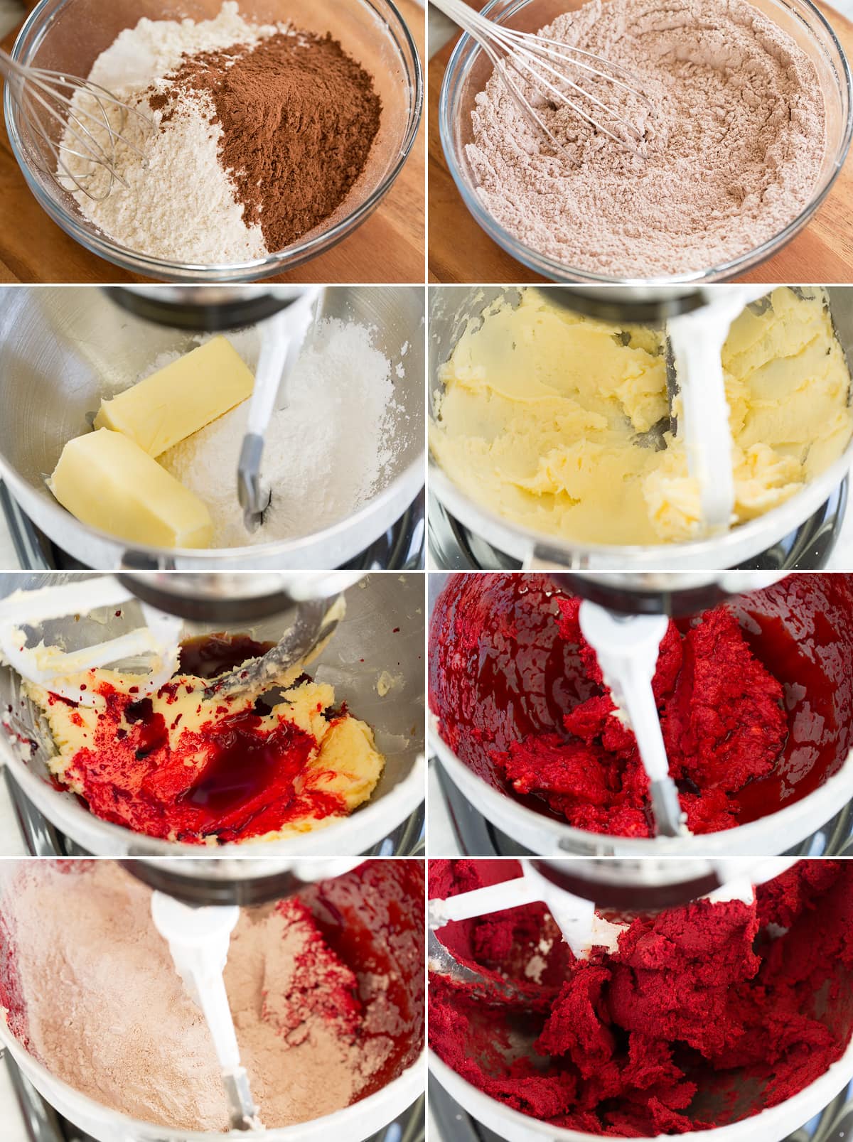 Collage of eight photos showing how to make red velvet shortbread Christmas cookie batter.