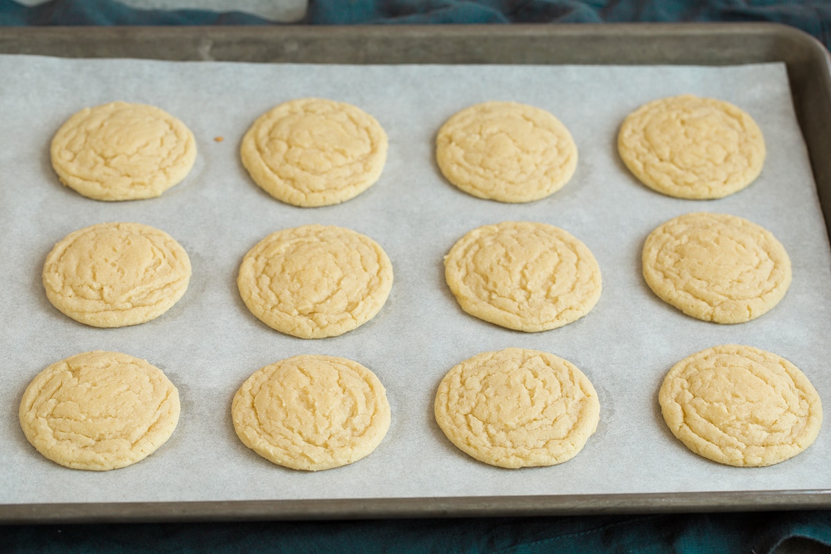 Sugar cookies on baking sheet after baking.