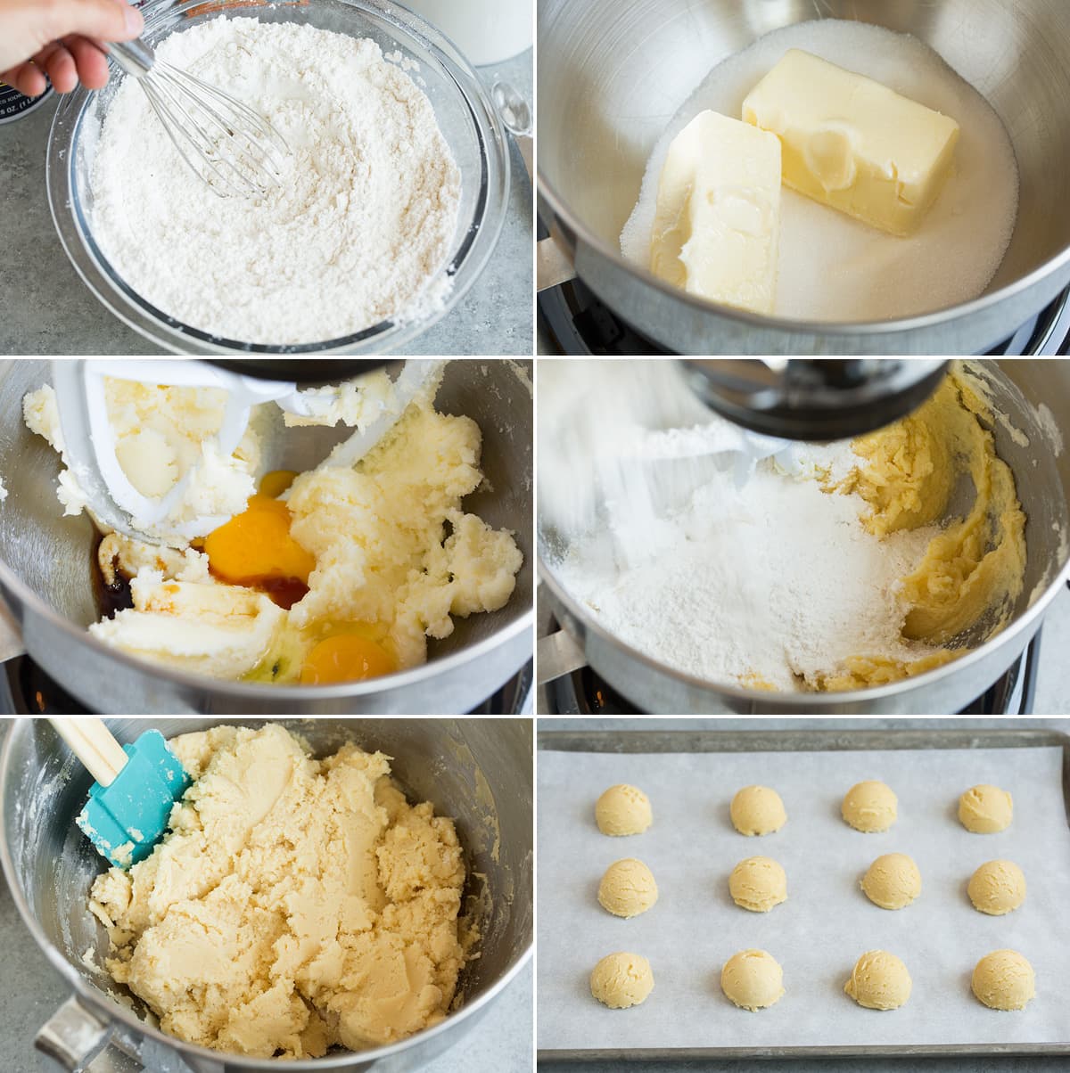 Collage of six photos showing steps of making sugar cookie dough and shaping.