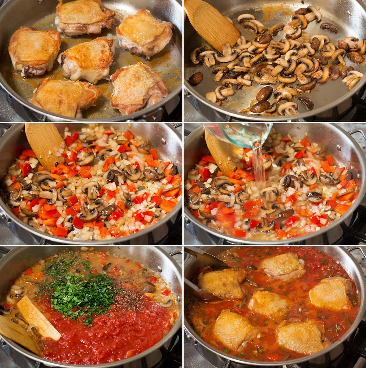 Collage of six photos showing steps of making chicken cacciatore in a saute pan on the stovetop.