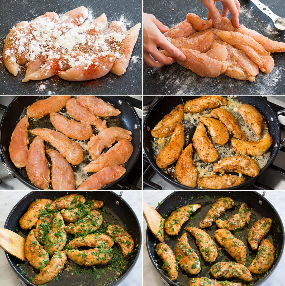 Collage of six images showing how to make pan seared chicken tenders with lemon and butter.