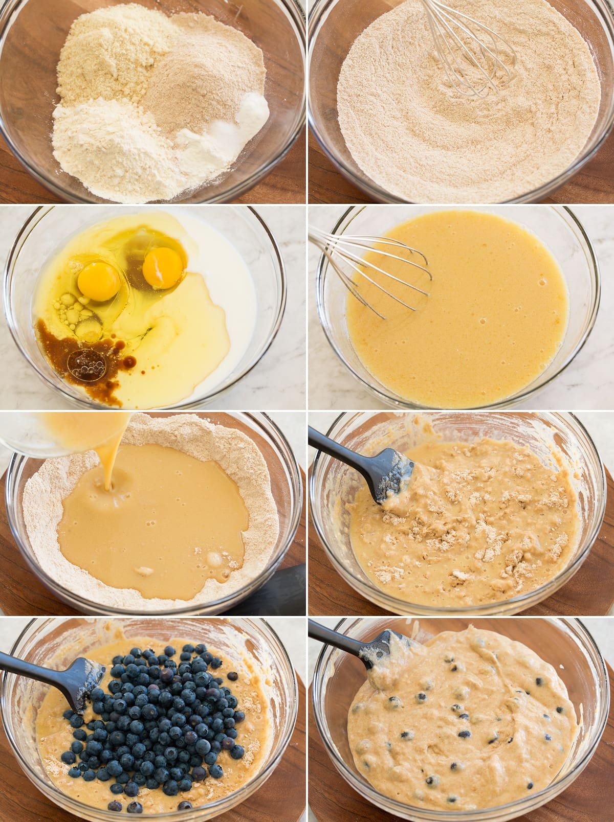Collage of eight photos showing steps of making healthy blueberry muffin batter in a glass mixing bowl with a whisk and spatula.