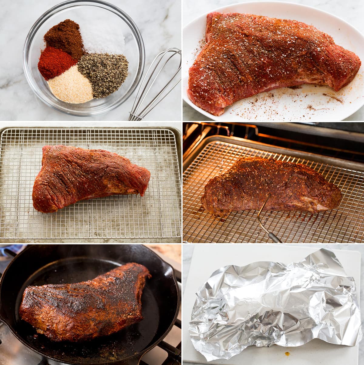Collage of six images showing how to make and bake roasted tri tip.