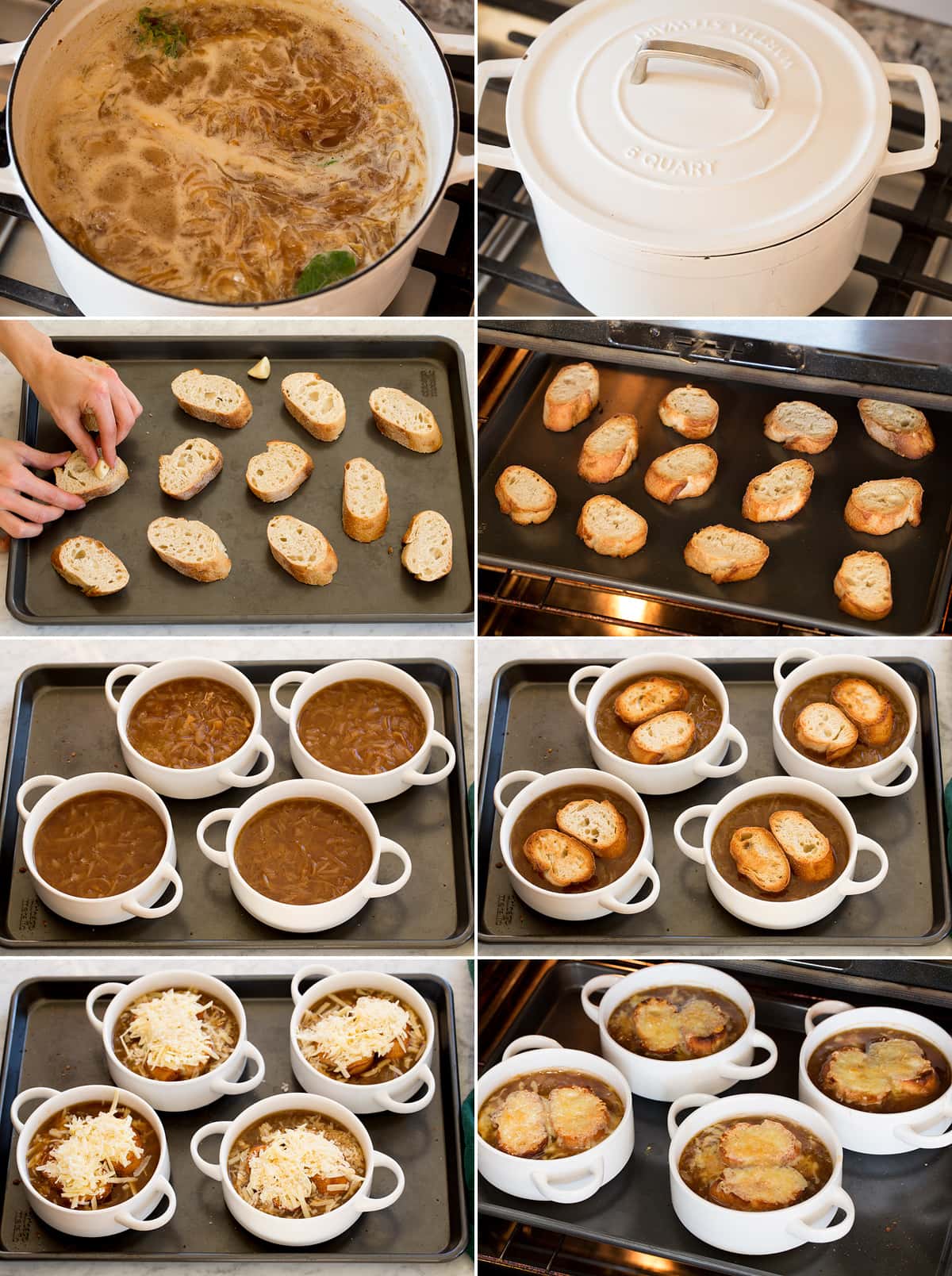Collage of eight photos showing french onion soup simmering then topping individual portions with cheese toast.