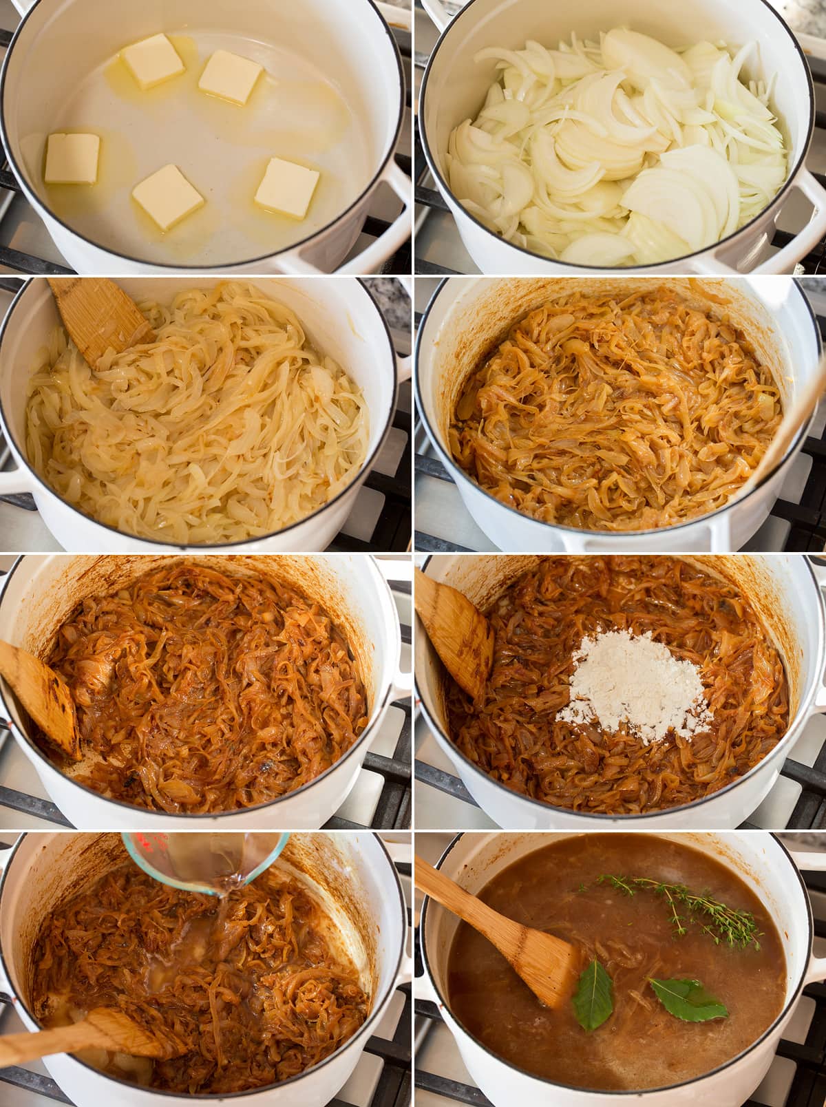 Collage of eight photos showing how to saute onions for french onion soup and the different shades they should reach to caramlize.