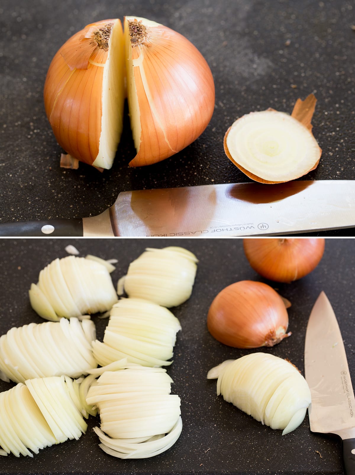 Photo showing how to cut an onion.