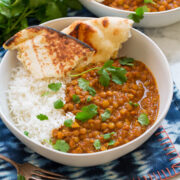 Bowl of lentil curry and rice.