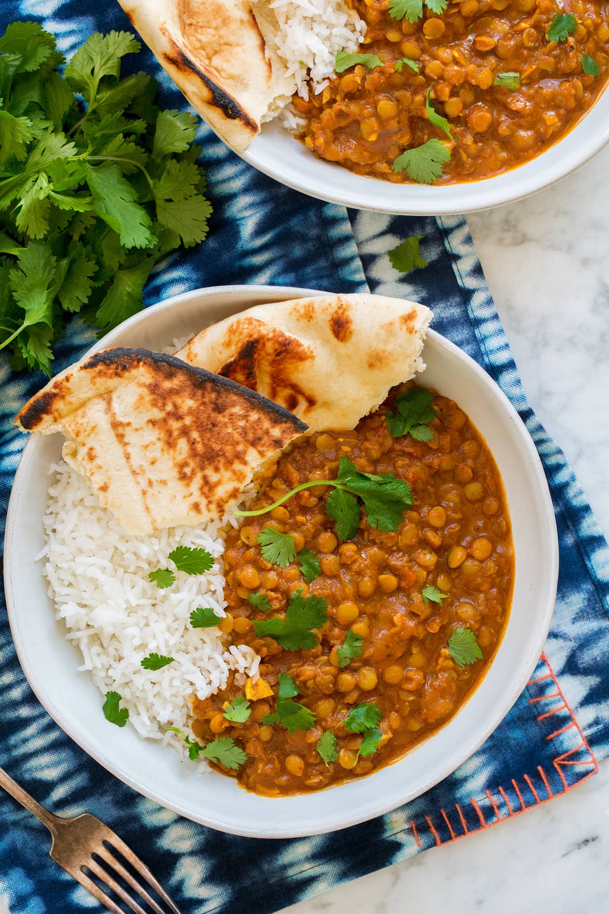 Overhead photo of two bowls of lentil curry.
