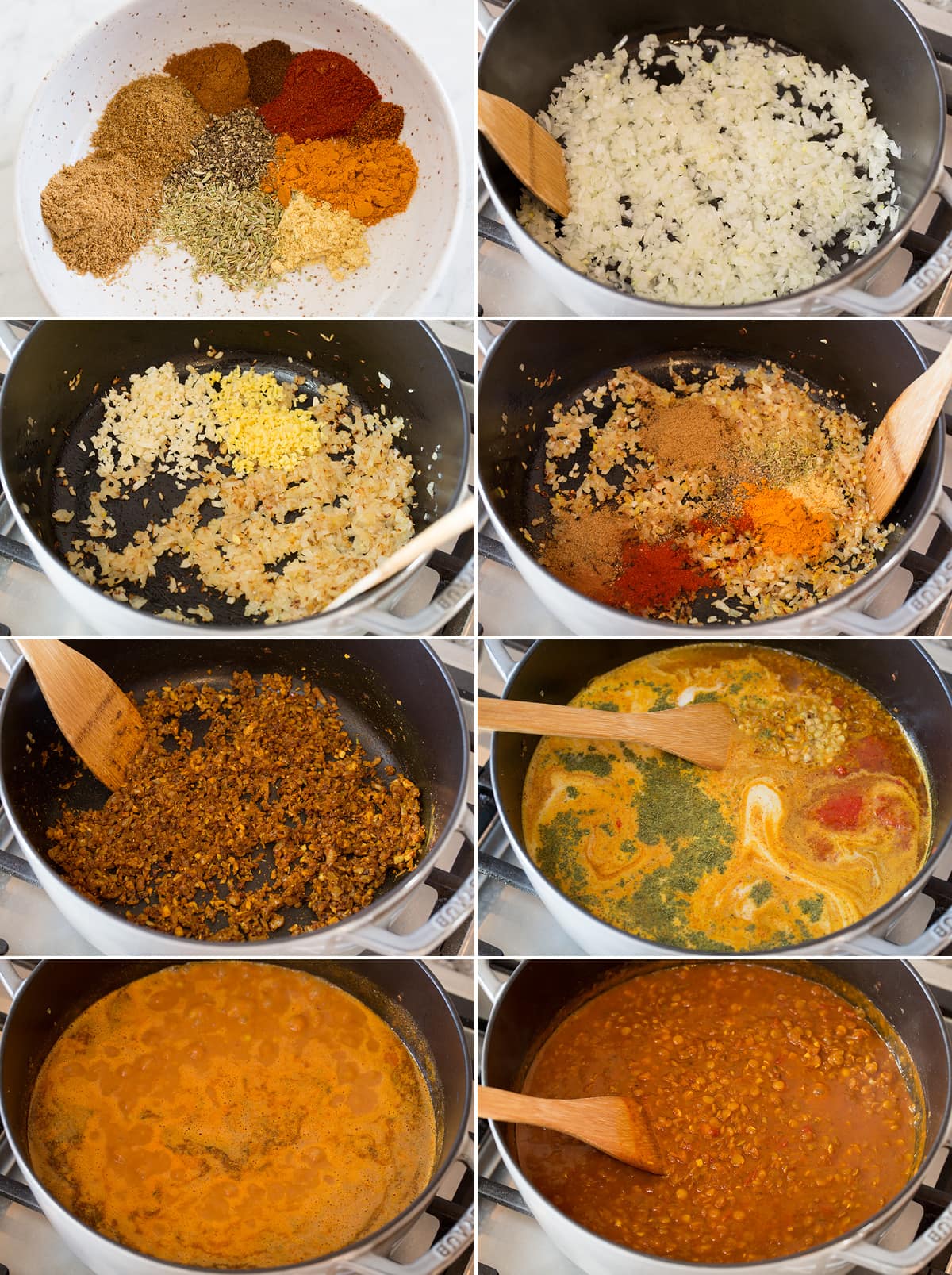 Collage of eight photos showing steps of making lentil curry on the stovetop in a pot.