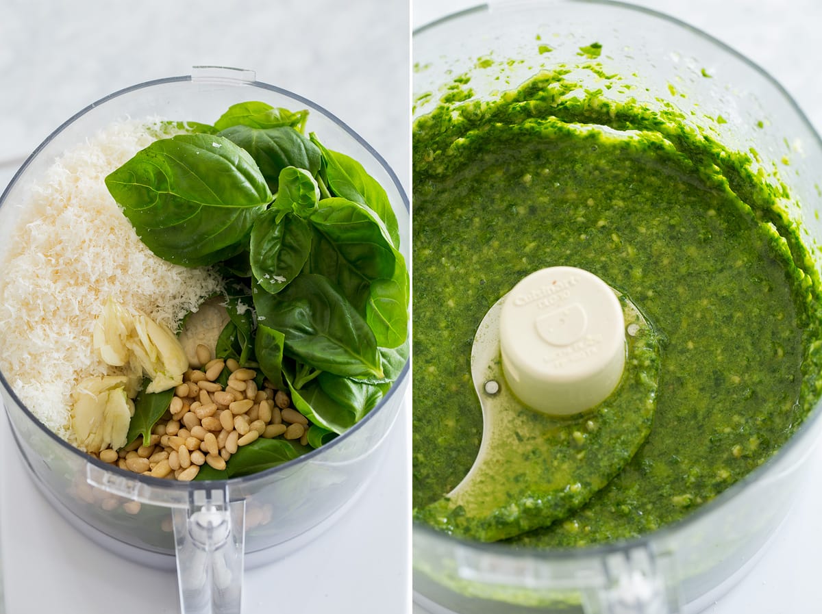 Collage of two photos showing pesto ingredients in a food processor before and after blending.