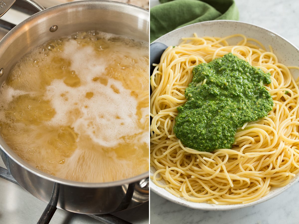 Photos of pasta being boiled in a pot then being tossed with fresh homemade pesto in a bowl.