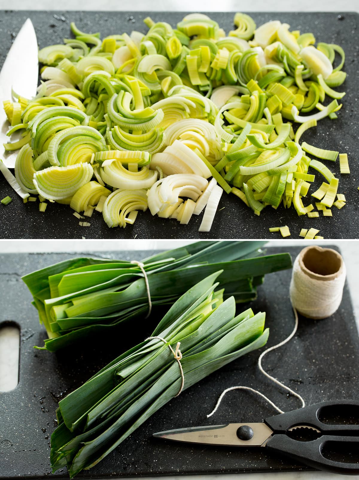 Photo showing how to cut leeks for soup.