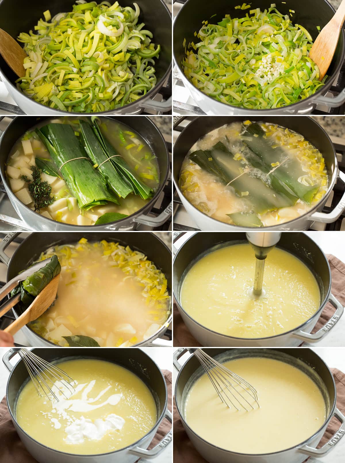 Collage of eight images showing steps of making potato leek soup in a pot on the stovetop.