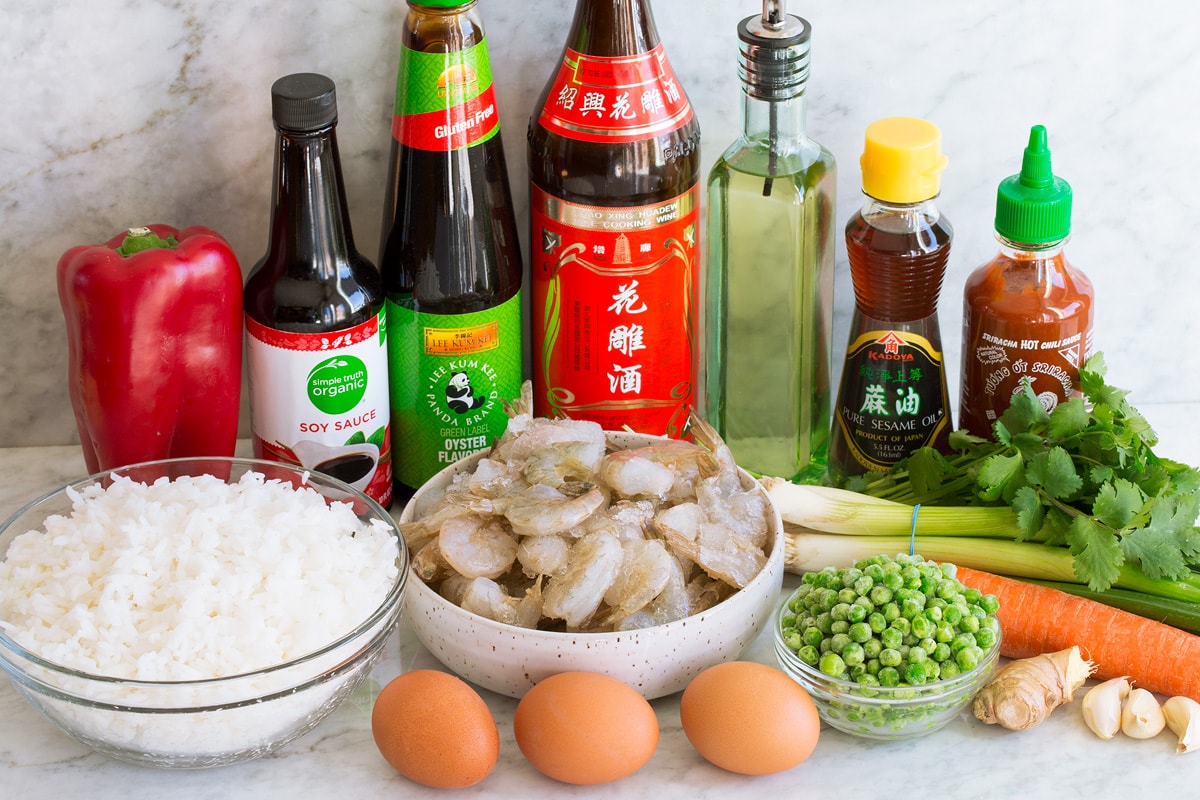 Photo of ingredients used to make shrimp fried rice.