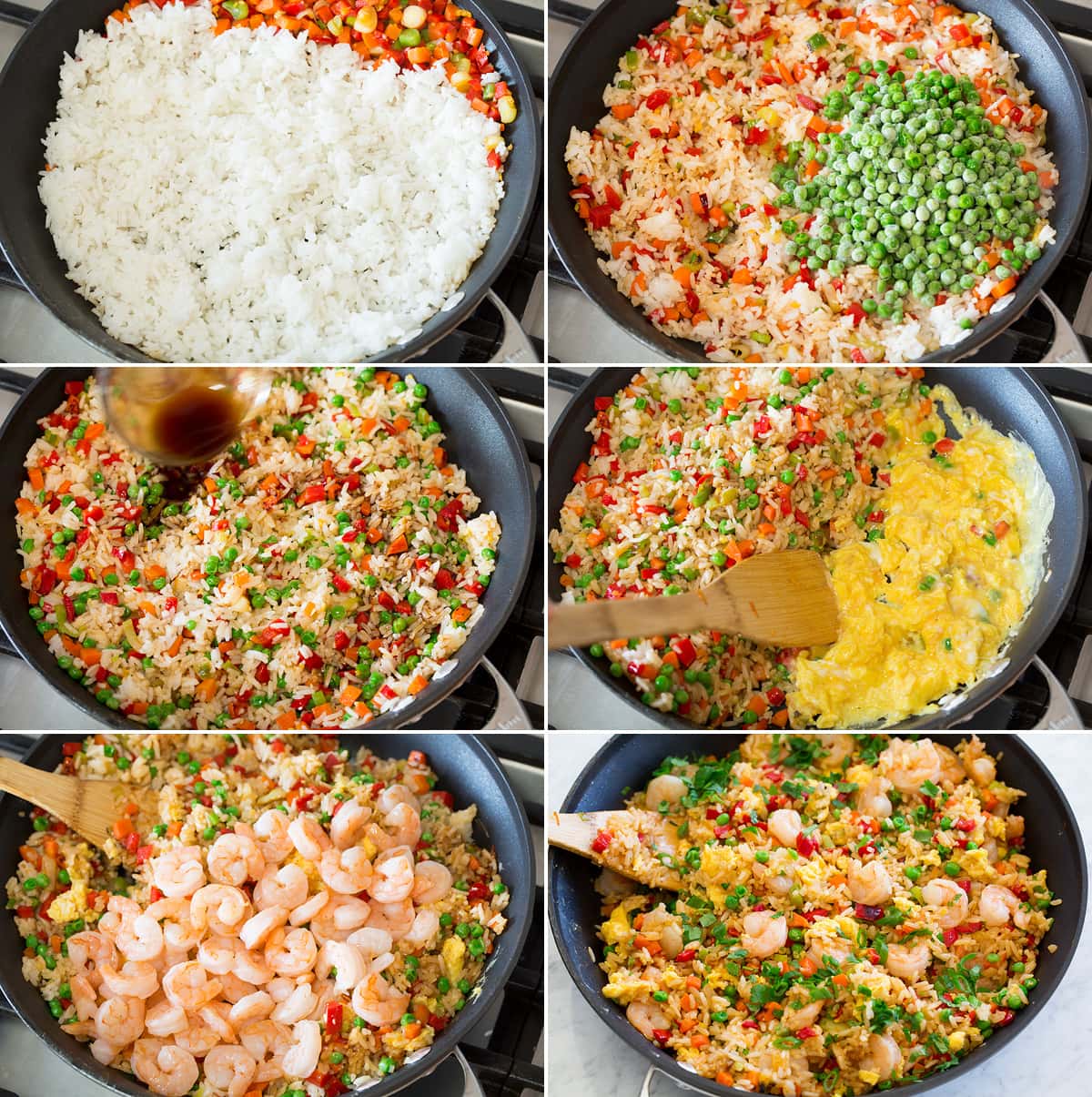 Collage of six images showing rice being sauteed with vegetables and shrimp for fried rice.