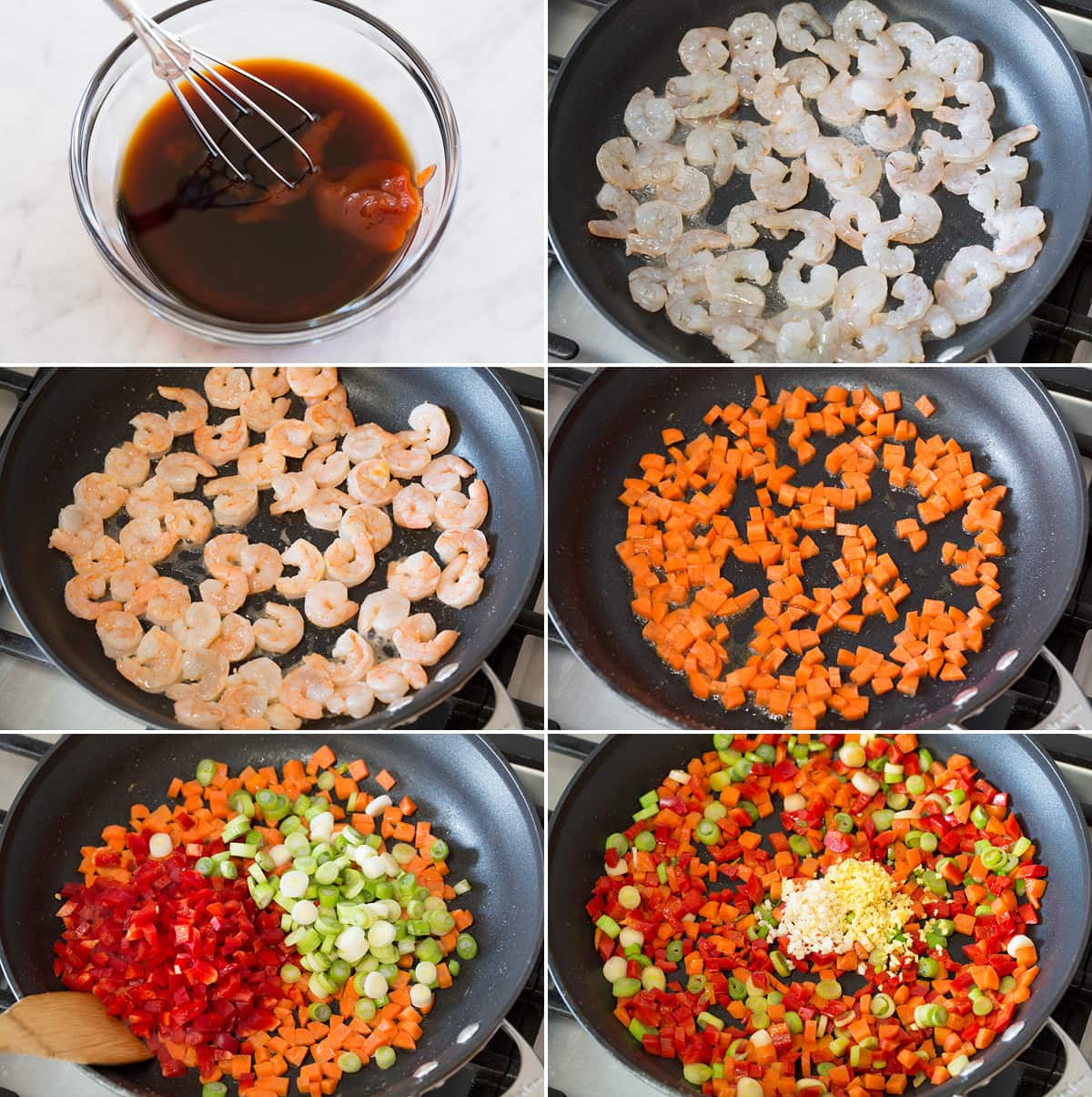 Collage of 6 photos showing steps of sautéing shrimp and vegetables for fried rice.