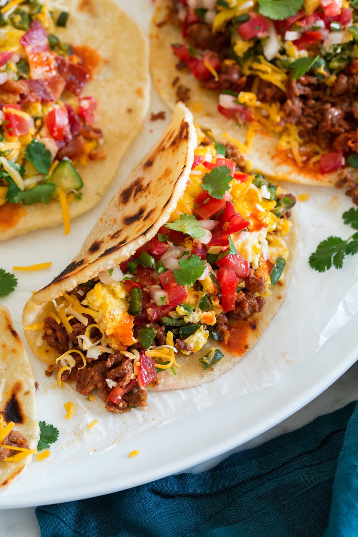 Close up photo of breakfast tacos.