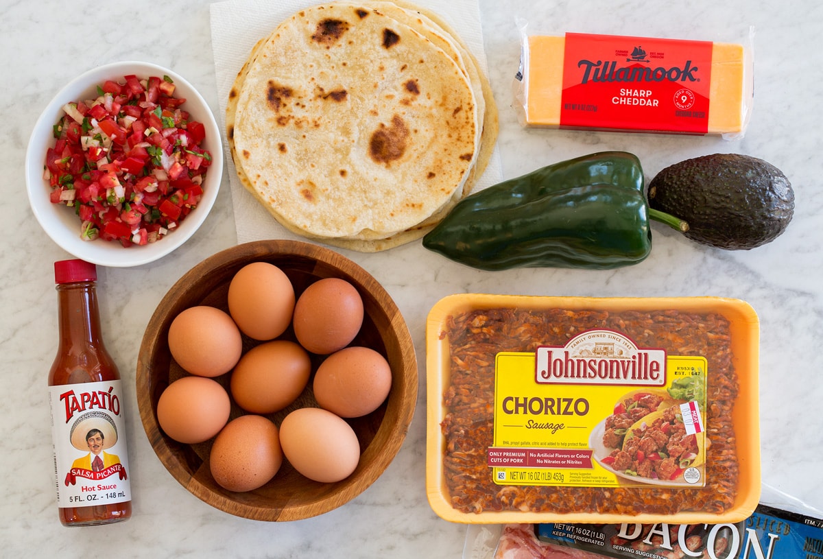 Ingredients used to make breakfast tacos,
