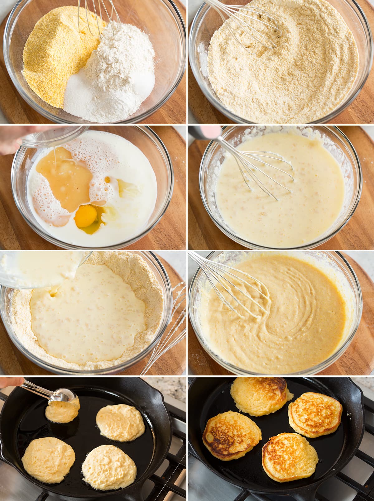 Group of images showing all the steps of making johnny cakes batter and cooking in cast iron pan.