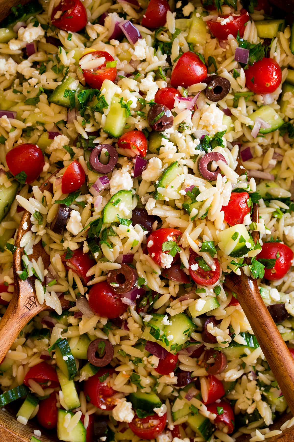Close up photo of pasta salad with orzo, tomatoes, cucumbers, olives, feta, red onion, herbs and dressing.
