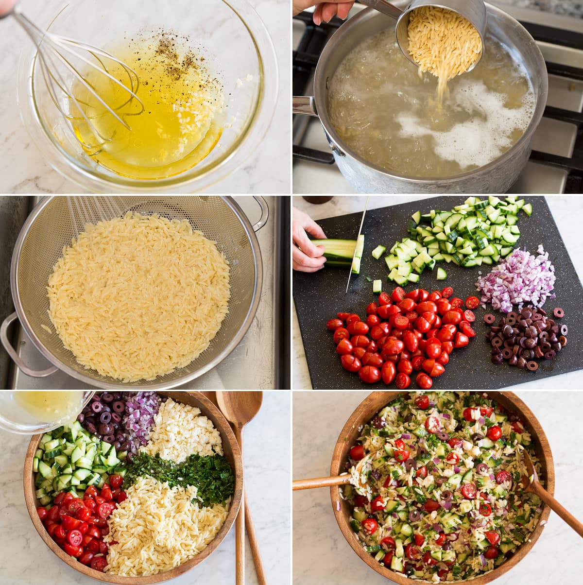 Collage of six images showing how to make orzo pasta salad.