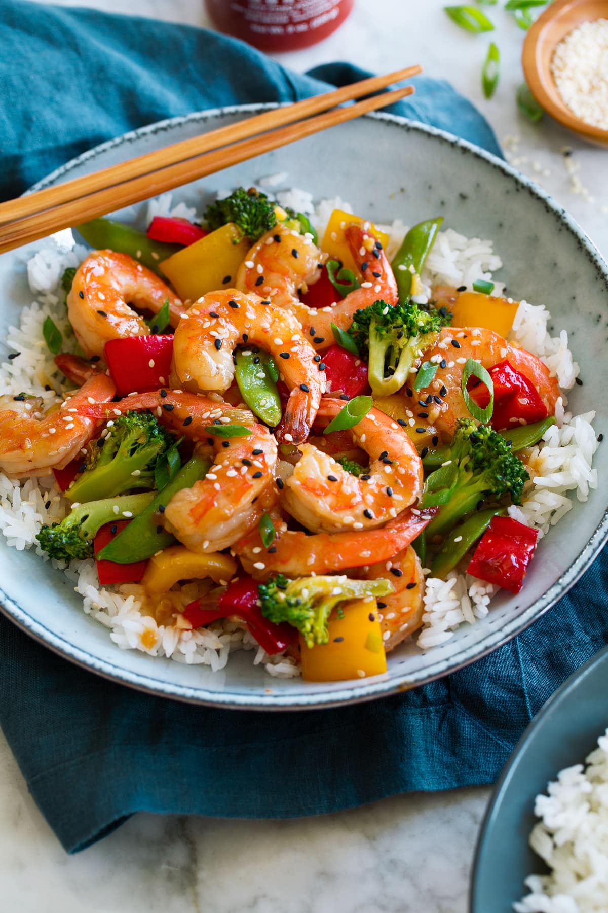 Shrimp stir fry with vegetables and rice.