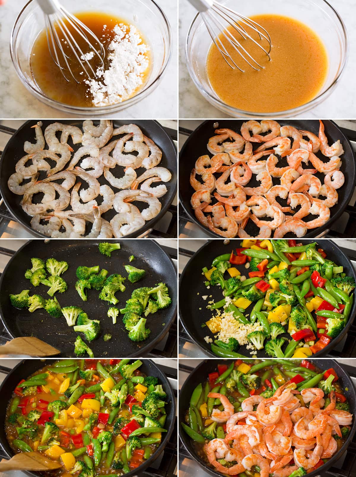 Collage of photos showing how to make shrimp stir fry.