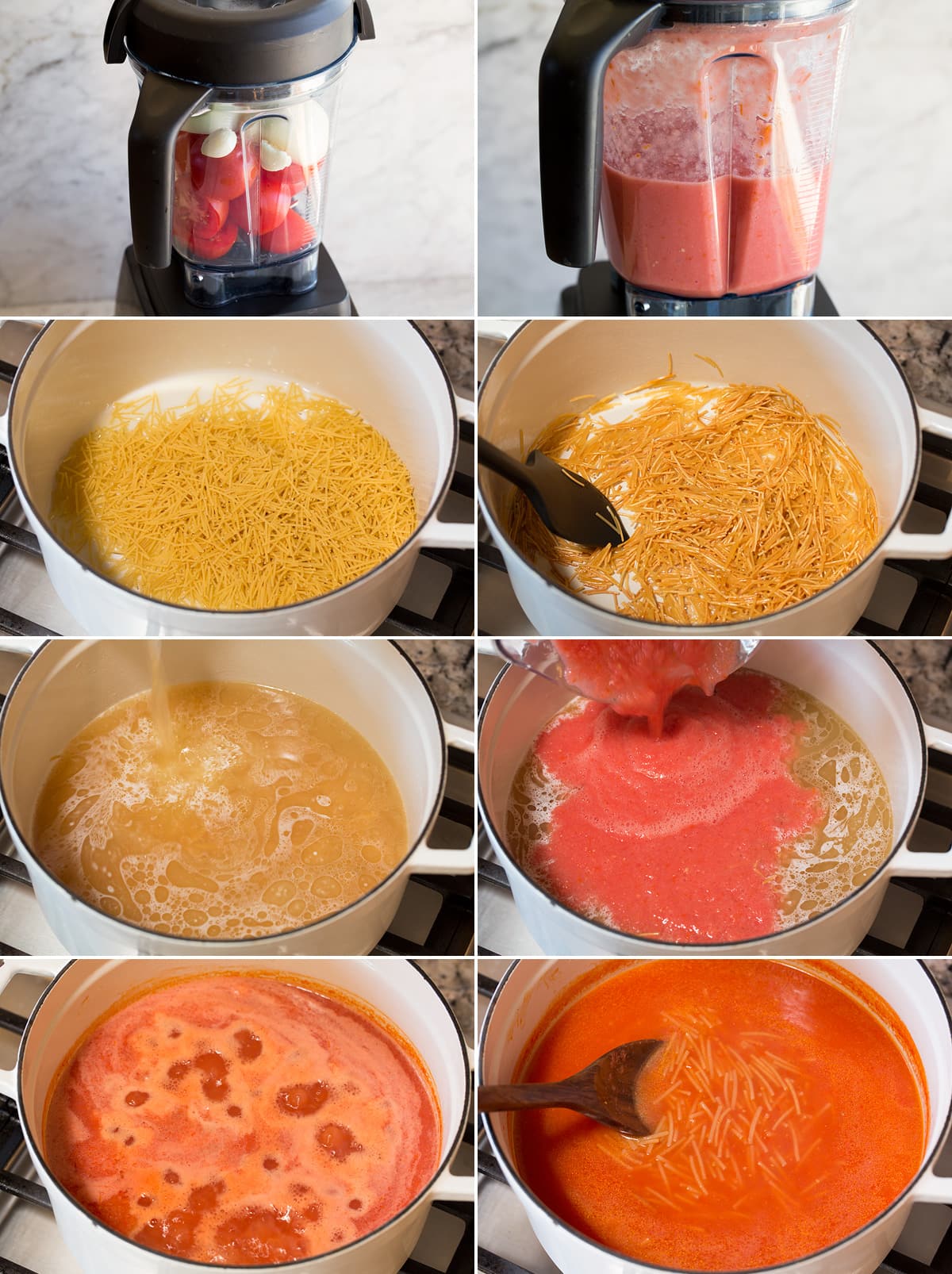 Photos showing steps of making sopa de fideo in a blender and a pot.