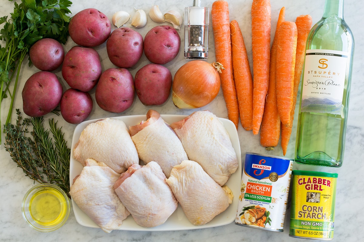 Ingredients used to make braised chicken and vegetables.