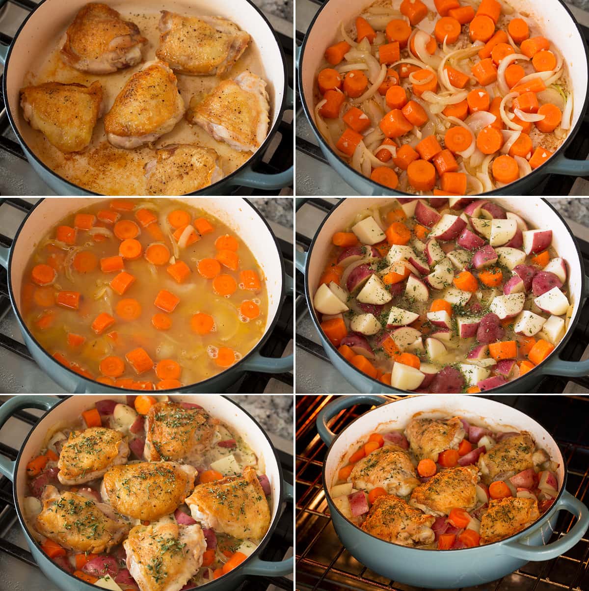 Six photos together showing steps of making braised chicken thighs with potatoes and carrots.