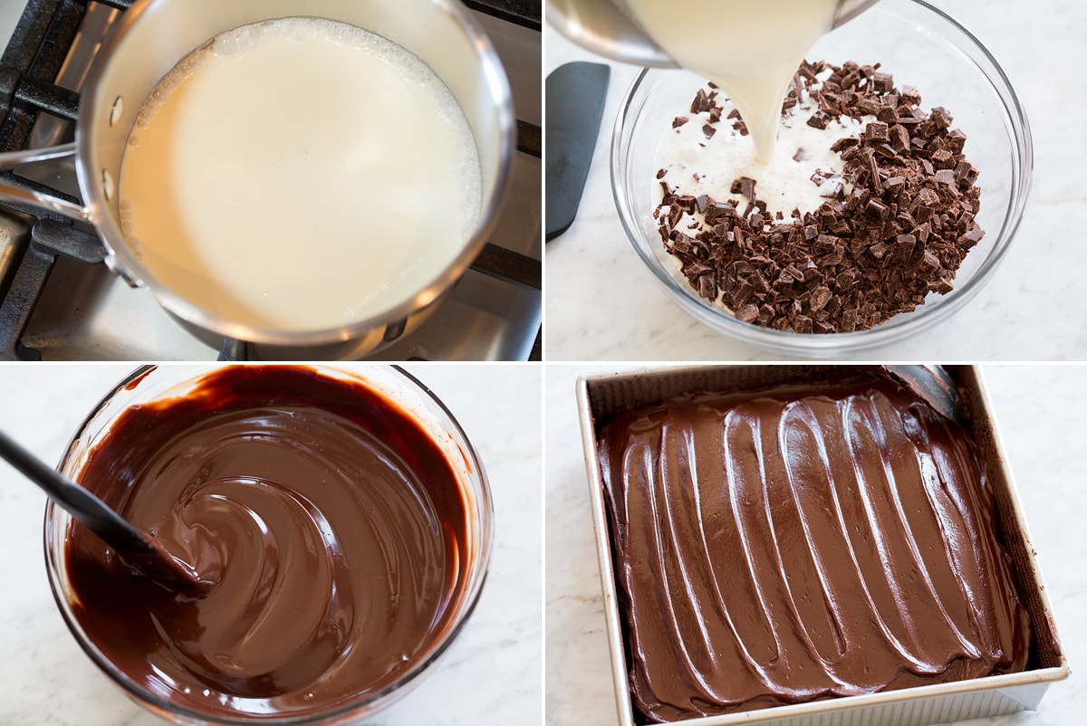Four photos showing how to make chocolate ganache for cake.