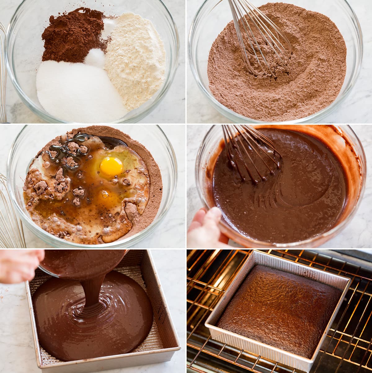 Six photos showing steps of making easy chocolate cake batter and baking.