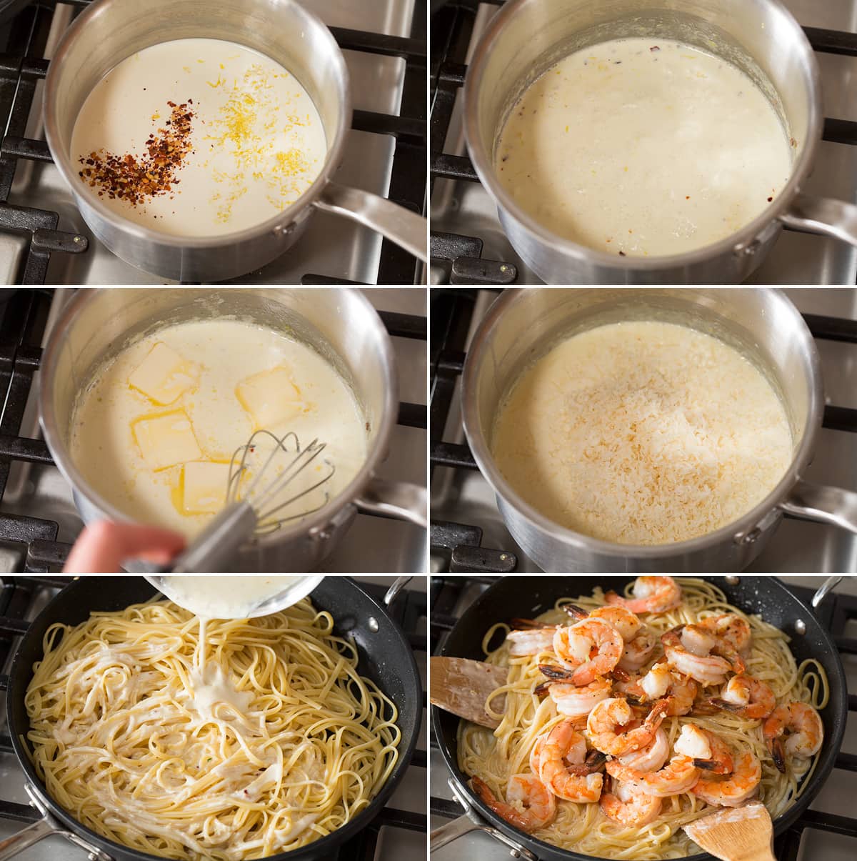 Collage of six photos showing how to make sauce for pasta and toss with pasta and shrimp.
