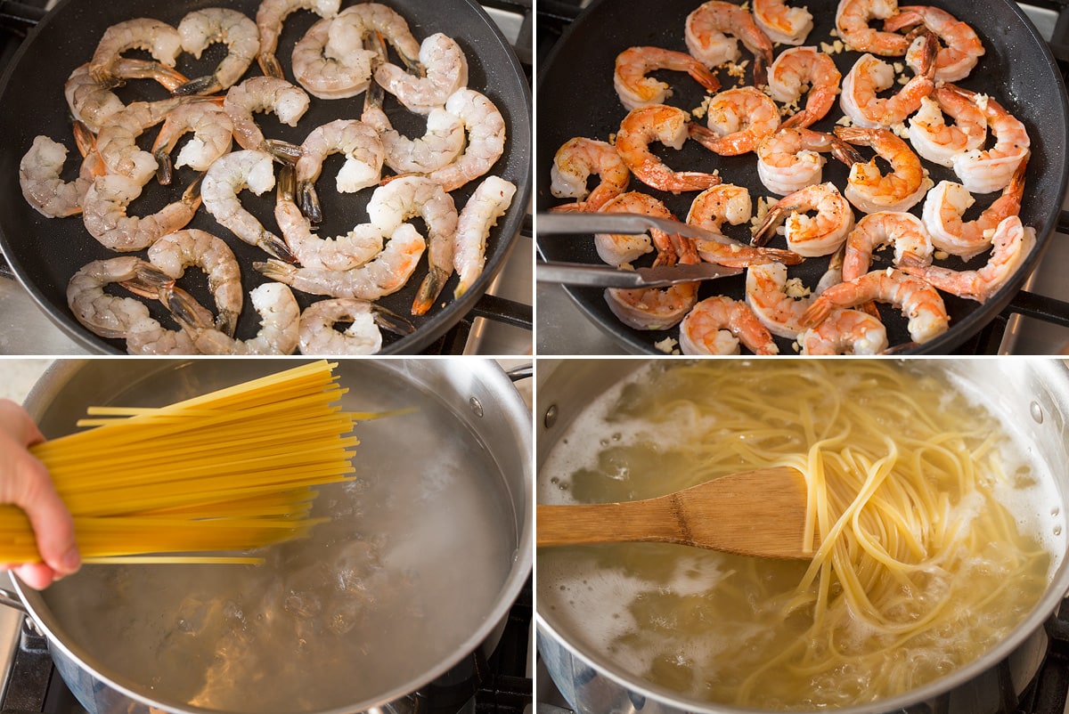 Collage of four photos showing how to cook shrimp and pasta in skillet and pot.