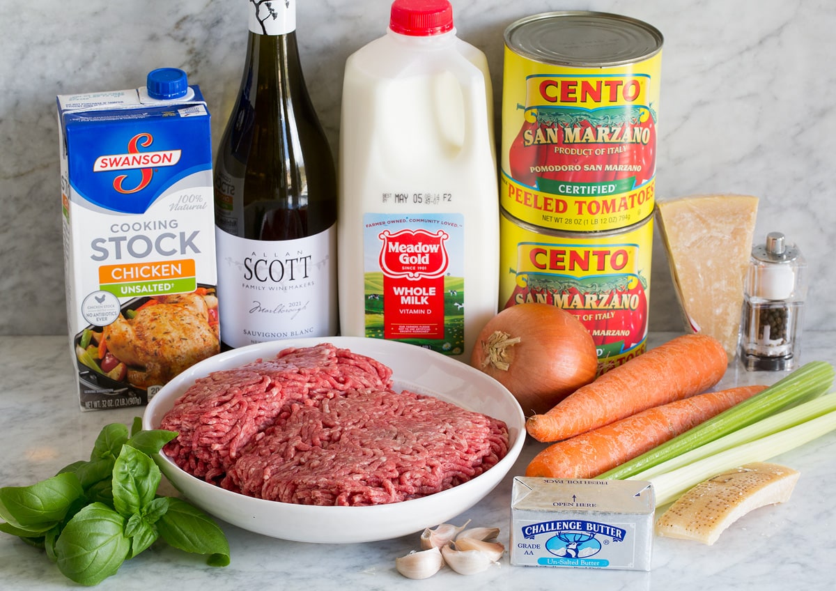 Ingredients used to make bolognese sauce.