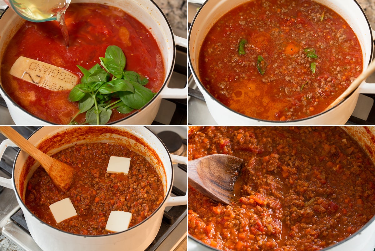 Four photos showing how to finish the bolognese sauce recipe.