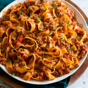 Bolognese sauce tossed with pappardelle pasta.