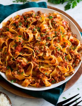 Bolognese sauce tossed with pappardelle pasta.