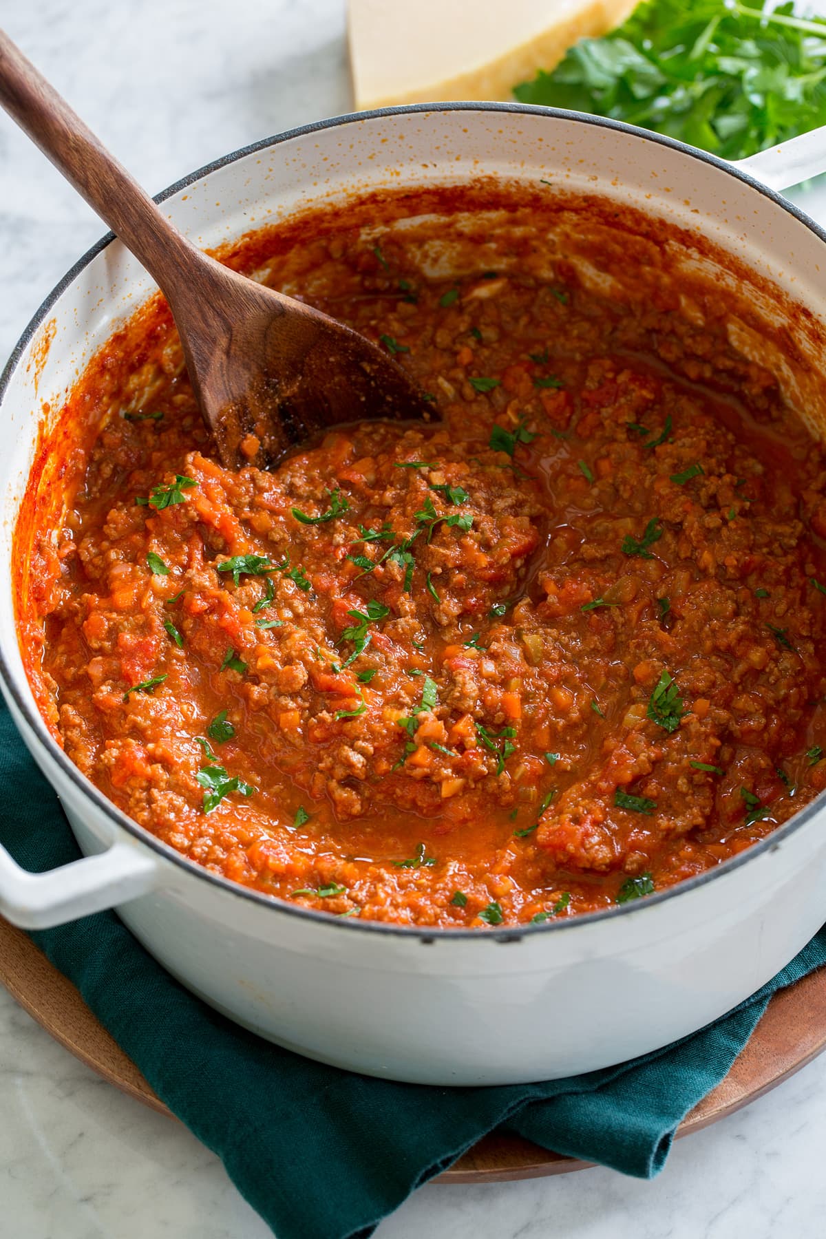Large pot filled with homemade bolognese sauce.