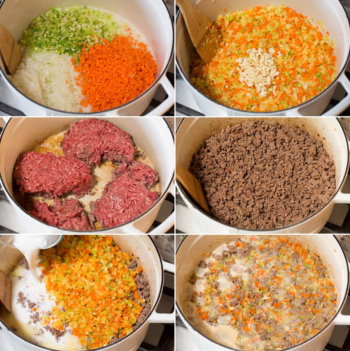 Collage of six photos showing steps of making bolognese sauce.
