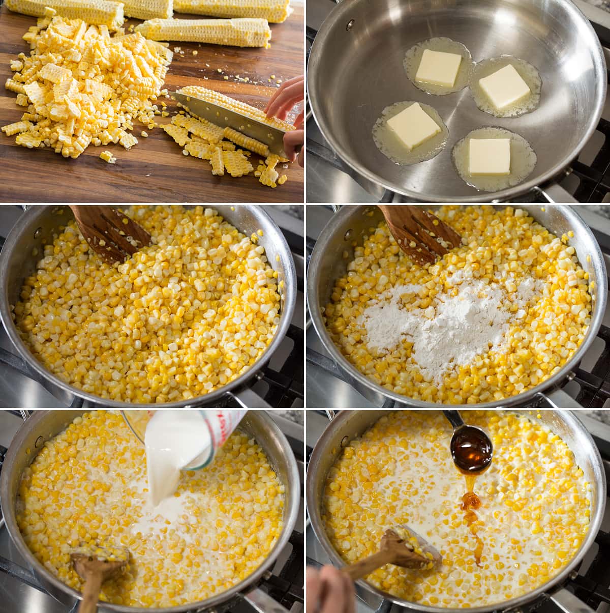 Collage of six photos showing steps of making creamed corn in a saute pan.