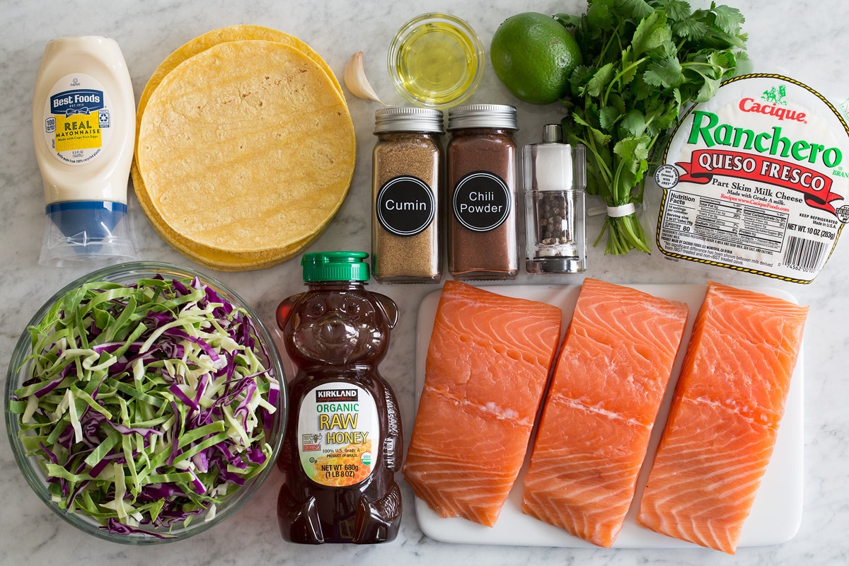 Photo of ingredients used to make salmon tacos and taco slaw.
