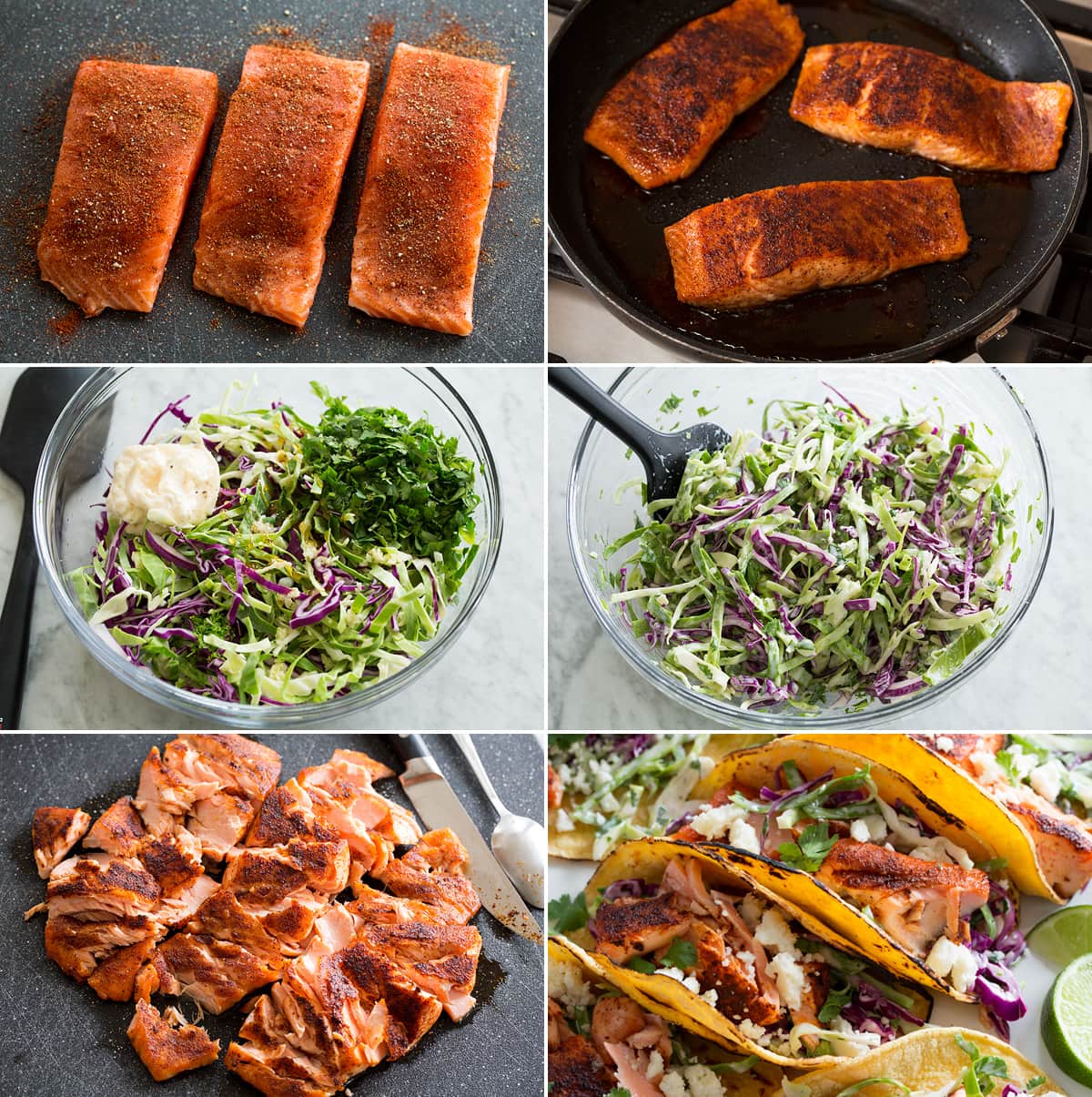 Collage of six photos showing process of making salmon tacos.