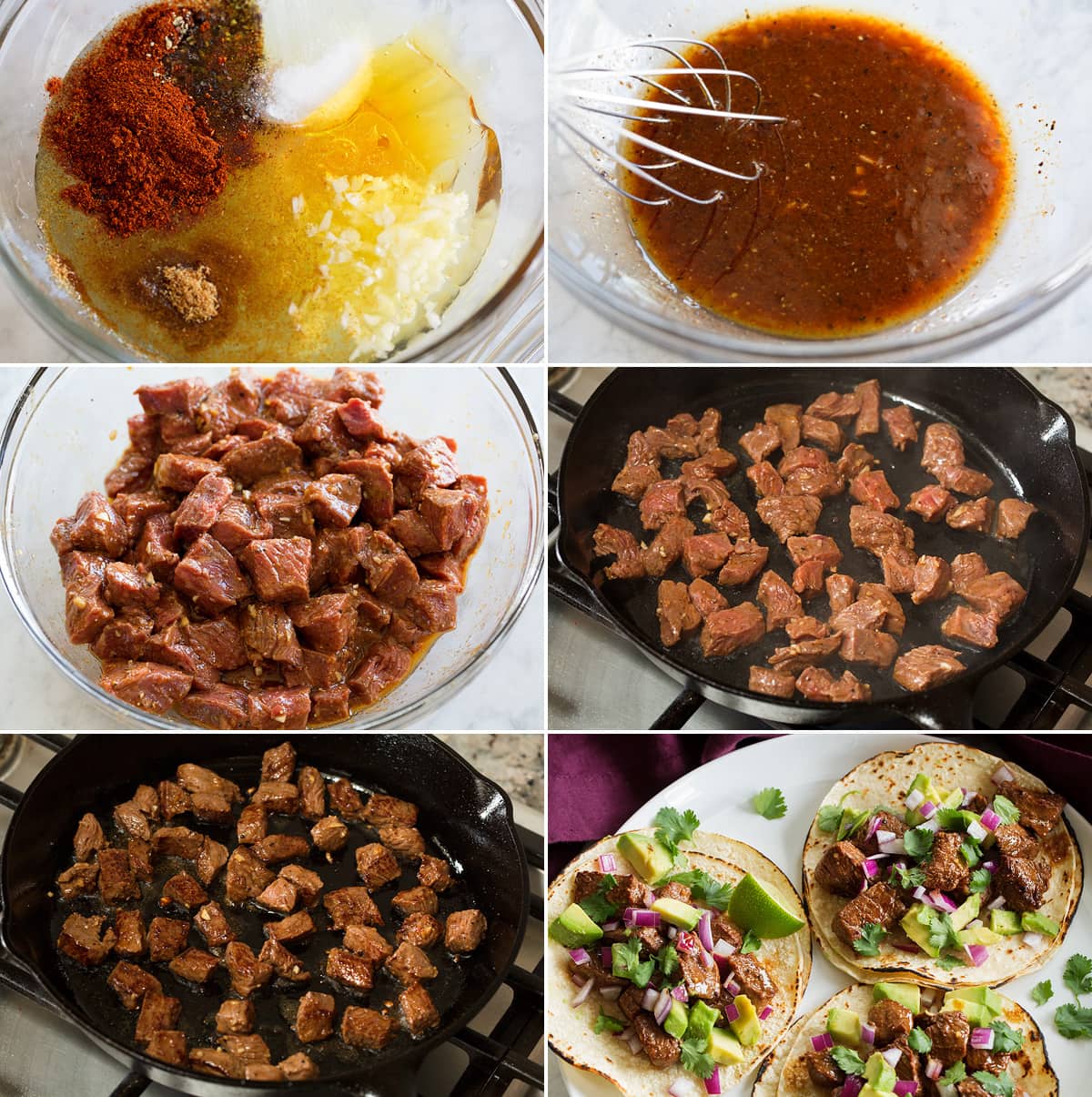 Six steps showing how to make steak tacos.