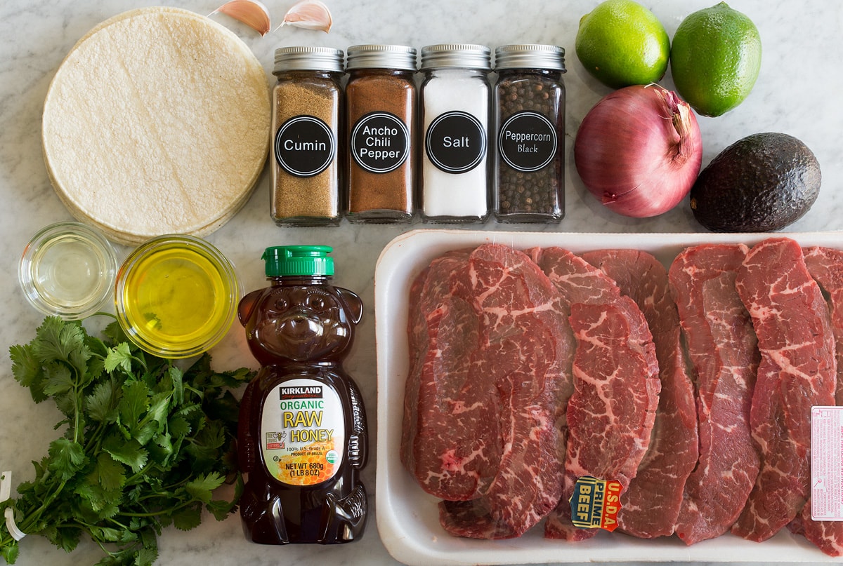 Photo of ingredients used in making steak tacos.