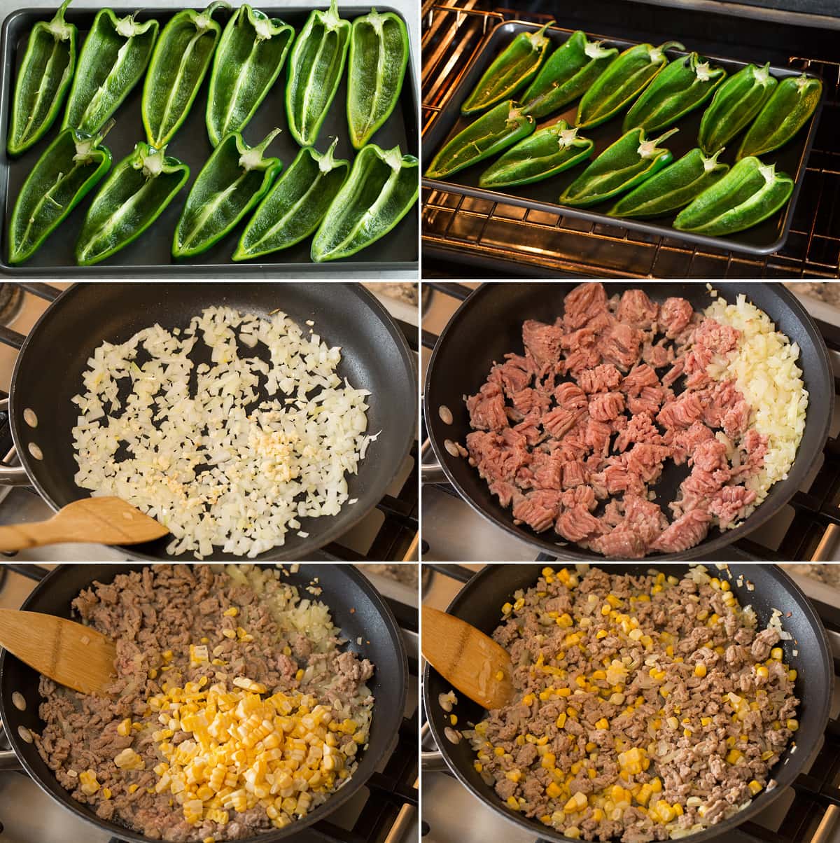 Collage of six photos showing steps of making poblano stuffed peppers.
