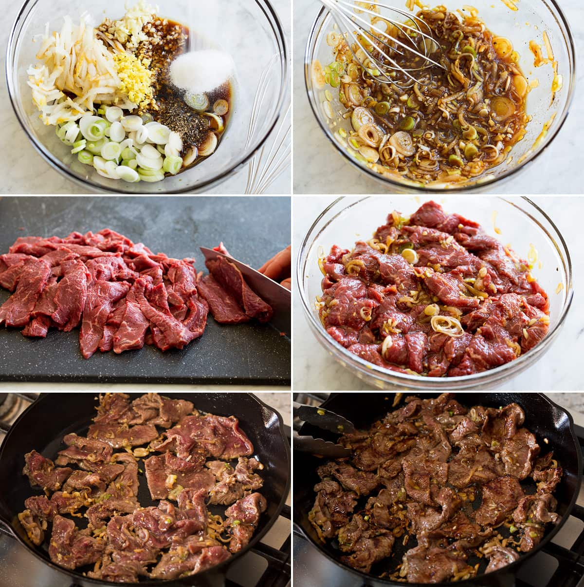Collage of six photos showing steps of making beef bulgogi marinade, soaking beef, and searing it in a cast iron skillet on the stove.