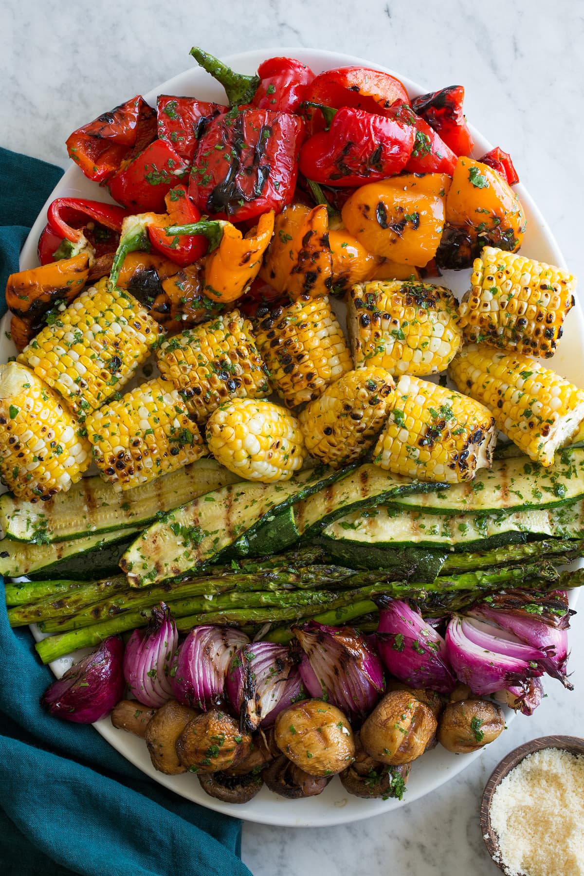 Platter with rainbow color of grilled vegetables.