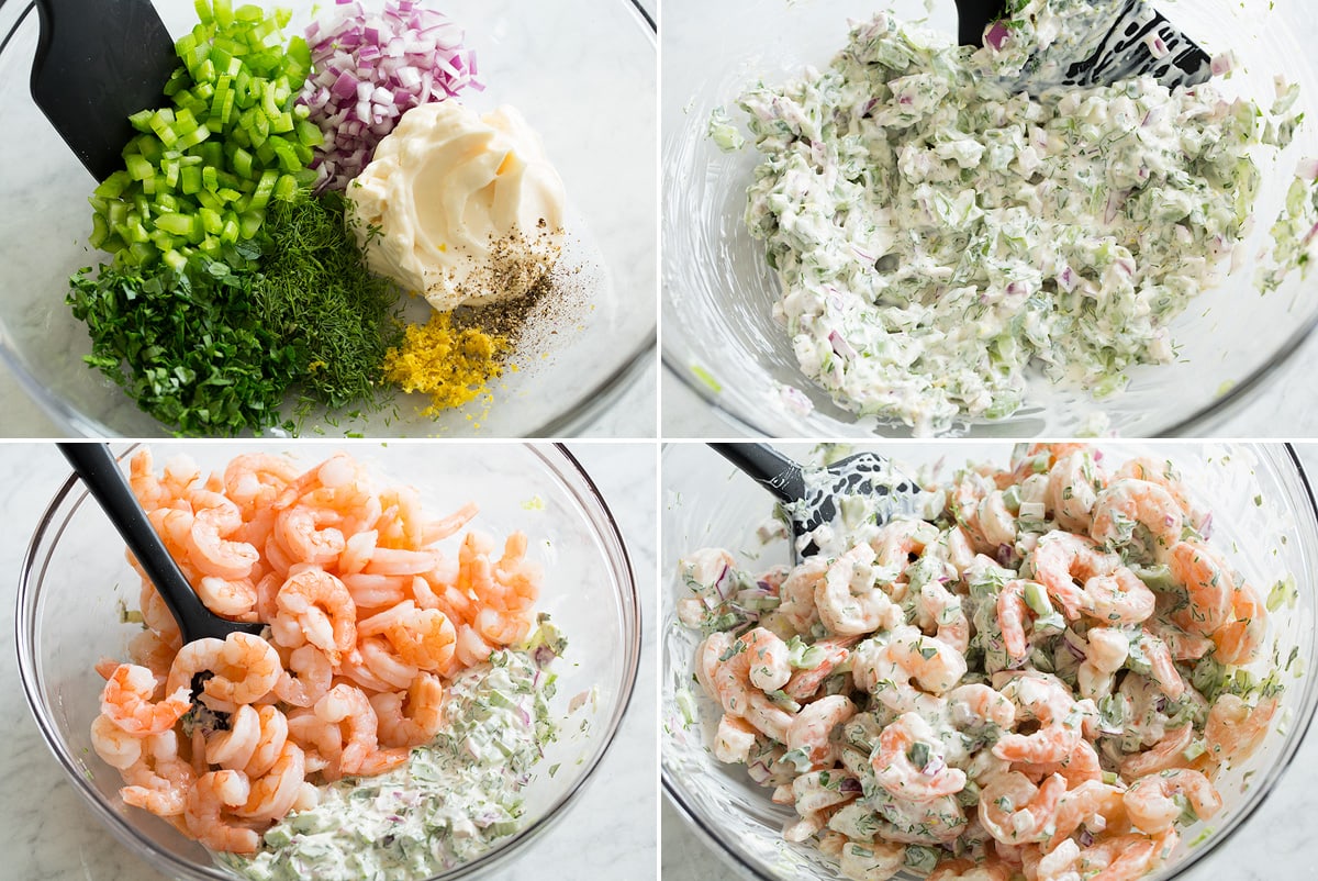 Four photos showing how to make shrimp salad in a mixing bowl.